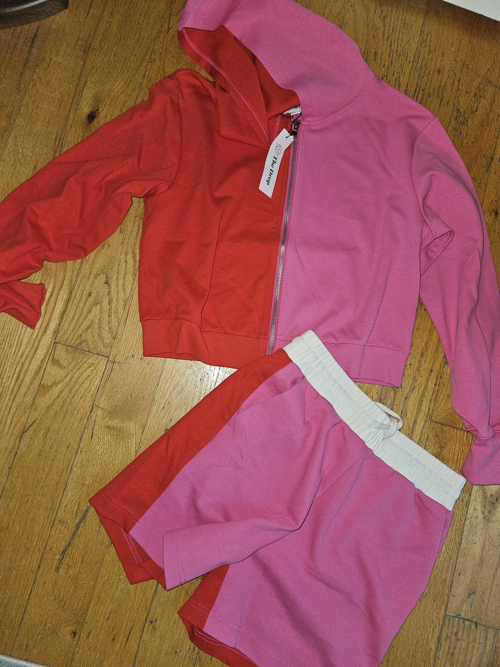 2 Piece Set -Colorblock Pink & Red Zip Hoodie(S) with Matching Shorts (XS)